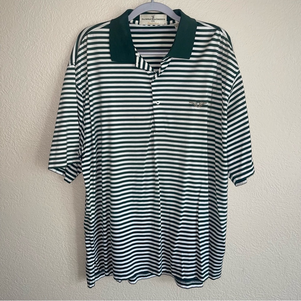Fairway & Greene White & Green Striped Golf Polo Large